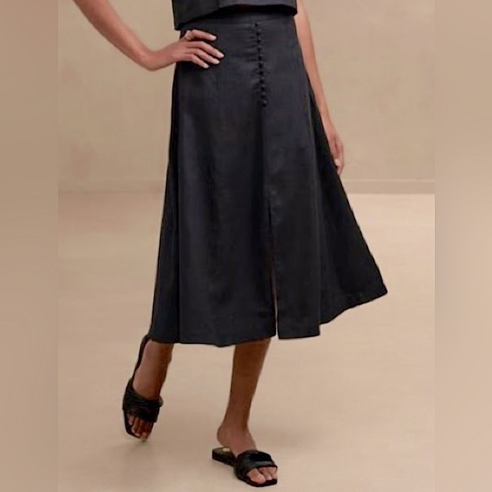 Banana Republic Linen Blend Elegant Black Midi Skirt Size 6 Tall